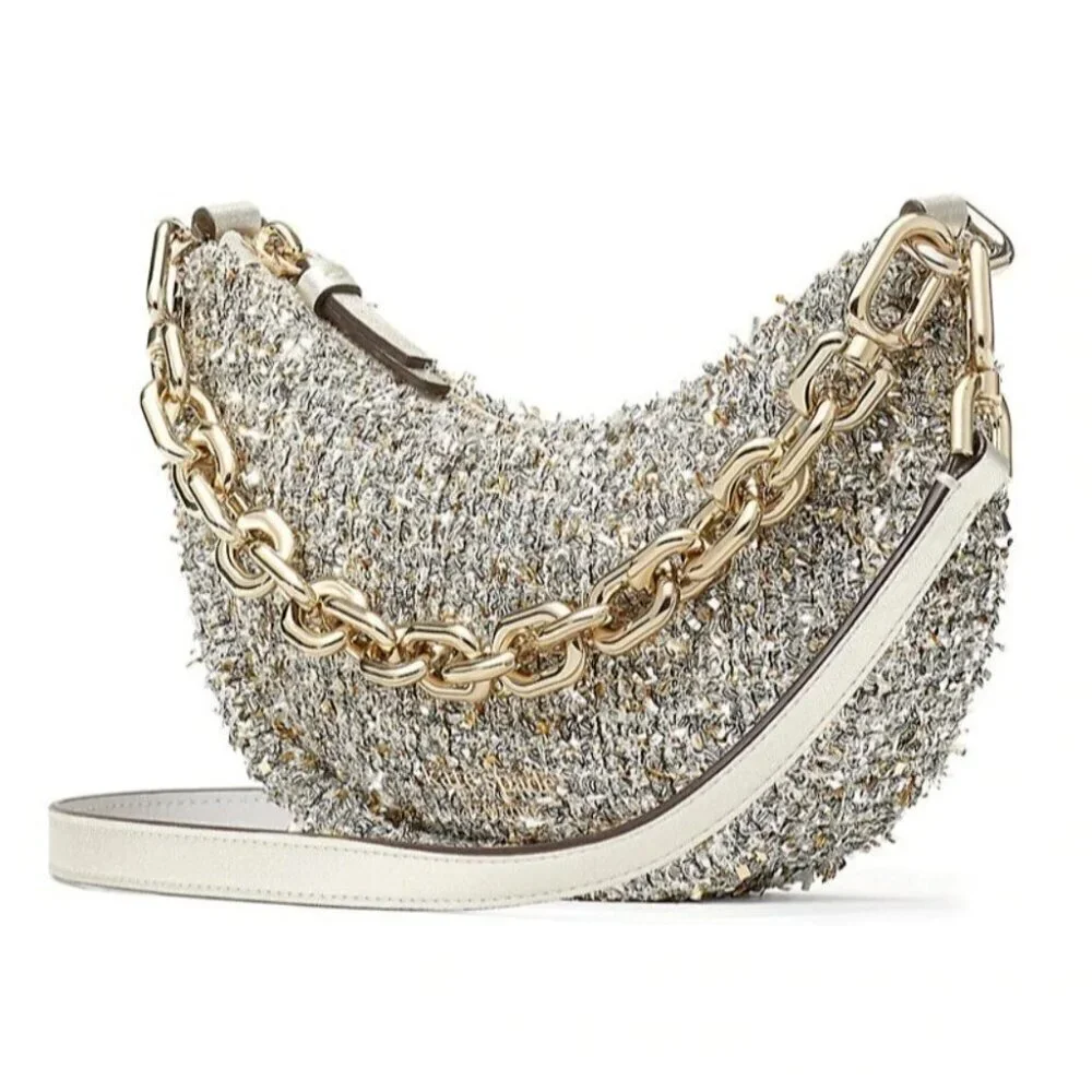 Kate Spade Smile Small Crossbody Silver Tweed Metallic Leather Chain Top Handle - Picture 2 of 12